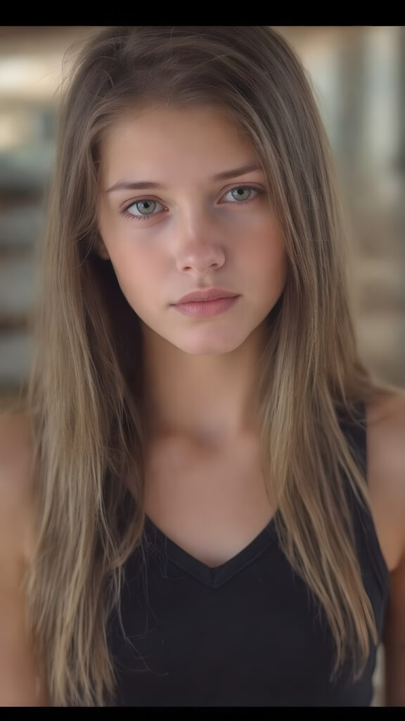 a (((hyper-realistic full body portrait))), captured in a (((very high resolution photograph))), a young girl with luxuriously long, straight, thick, natural long straight soft hair and (perfectly natural amber eyes) wearing a sleek, tight, thin, V-neck dark sports tank top, flawless complexion. Her skin is exuding (beautifully drawn) on her face, with perfectly straight natural white teeth that are clearly visible in a full body view.