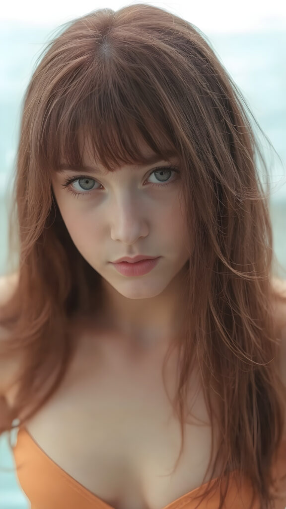 a (((hyper realistic 8K dynamic upper body photograph))), featuring a (((beautiful 16-year-old girl))) with intricate, detailed long maroon locks and luxurious bangs cut, striking realistic and detailed maroon eyes, framed by a perfect oval face with exquisite details, wearing an ultra-short bikini and a super-short, curve-hugging mini skirt ((natural background))