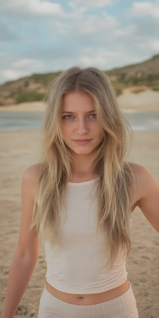 a (((hyper realistic full length moment))) capturing a (((beautiful girl with long, messy blonde hair and pale skin))), elegantly dressed in a ((white fitted top)), (balancing out to meet the camera's focus) while striking a (softly sad expression) that exudes happiness amidst a backdrop of a (serene, sandy beach) with a warm, inviting sun and gentle waves lapping at the shore, framed by the wide angle lens of a (landscape photograph) that gives a sense of immersive detail