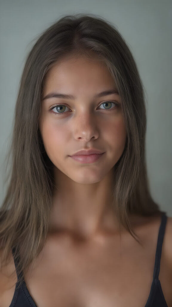 a (((hyper-realistic upper body portrait))), captured in a (((very high resolution photograph))), a young tanned Exotic teenage girl, 13 years old, with luxuriously long, straight, thick, natural soft dark hair and (perfectly natural amber eyes) wearing a sleek, tight, thin, deep neck dark tank top, flawless complexion. Her skin is exuding (beautifully drawn) on her face, with perfectly straight natural white teeth, smile, against a light grey backdrop, perfect light and shadows