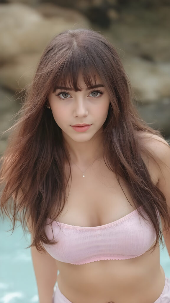 a (((hyper realistic 8K dynamic upper body photograph))), featuring a (((beautiful 16-year-old girl))) with intricate, detailed long maroon locks and luxurious bangs cut, striking realistic and detailed maroon eyes, framed by a perfect oval face with exquisite details, wearing an ultra-short bikini and a super-short, curve-hugging mini skirt ((natural background))