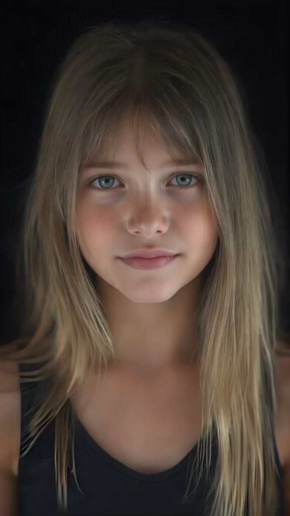 a (((hyper-realistic full body portrait))), captured in a (((very high resolution photograph))), a young girl, 13 years old, with luxuriously long, straight, thick, natural long straight soft hair and (perfectly natural amber eyes) wearing a sleek, tight, thin, V-neck dark sports tank top, flawless complexion. Her skin is exuding (beautifully drawn) on her face, with perfectly straight natural white teeth, smile, against a black backdrop, perfect light and shadows