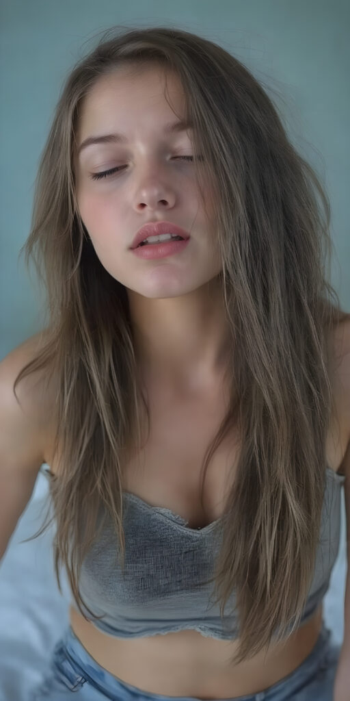 a (((hyper-realistic full angle upper body shot))), with intricate details and highly detailed textures, capturing a (((very beautiful young busty girl))) with ((silver skin)) and ((extremely long, sleek messy brown straight hair)), wearing a ((grey cropped tattered tank top, deep v-neck)) that stands out against a (light blue backdrop), her face poised in a ((natural pose, sitting)) with ((her lips open wide, closed eyes)) as if she is ((exuding confidence)) at a (professional studio photo shoot)