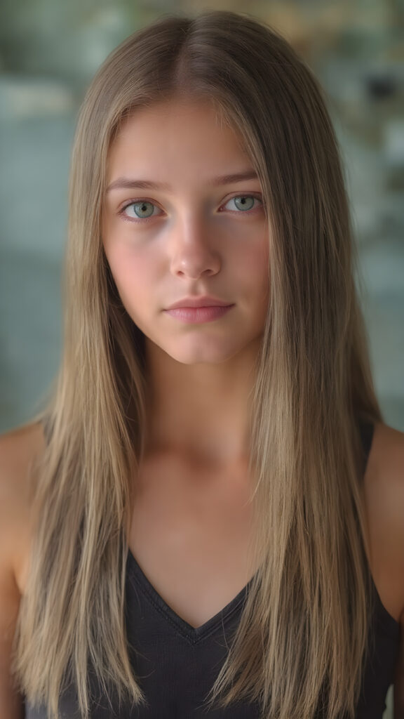 a (((hyper-realistic full body portrait))), captured in a (((very high resolution photograph))), a young girl with luxuriously long, straight, thick, natural long straight soft hair and (perfectly natural amber eyes) wearing a sleek, tight, thin, V-neck dark sports tank top, flawless complexion. Her skin is exuding (beautifully drawn) on her face, with perfectly straight natural white teeth that are clearly visible in a full body view.