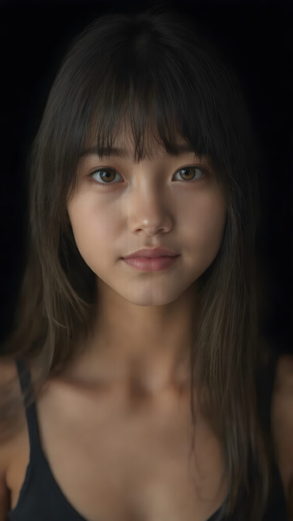 a (((hyper-realistic upper body portrait))), captured in a (((very high resolution photograph))), a young Japanese teenage girl, 13 years old, with luxuriously long, straight, thick, natural soft hair and (perfectly natural amber eyes) wearing a sleek, tight, thin, deep neck dark tank top, flawless complexion. Her skin is exuding (beautifully drawn) on her face, with perfectly straight natural white teeth, smile, against a black backdrop, perfect light and shadows