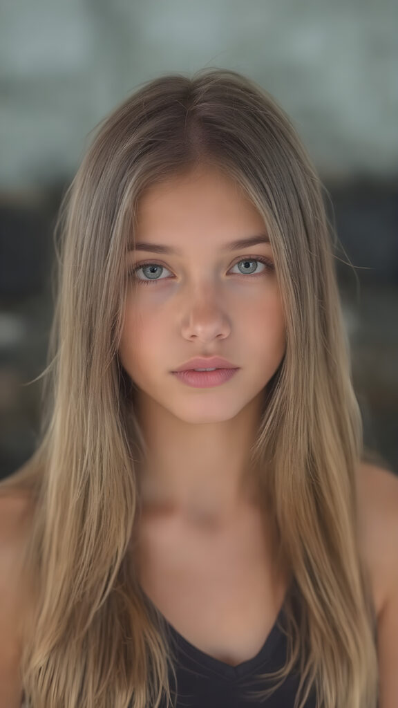 a (((hyper-realistic full body portrait))), captured in a (((very high resolution photograph))), a young girl with luxuriously long, straight, thick, natural long straight soft hair and (perfectly natural amber eyes) wearing a sleek, tight, thin, V-neck dark sports tank top, flawless complexion. Her skin is exuding (beautifully drawn) on her face, with perfectly straight natural white teeth that are clearly visible in a full body view.