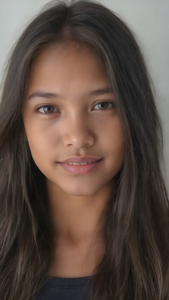 a (((hyper-realistic upper body portrait))), captured in a (((very high resolution photograph))), a young tanned Indonesian teenage girl, 13 years old, with luxuriously long, straight, thick, natural soft dark hair and (perfectly natural amber eyes) wearing a sleek, tight, thin, deep neck dark tank top, flawless complexion. Her skin is exuding (beautifully drawn) on her face, with perfectly straight natural white teeth, smile, against a light grey backdrop, perfect light and shadows