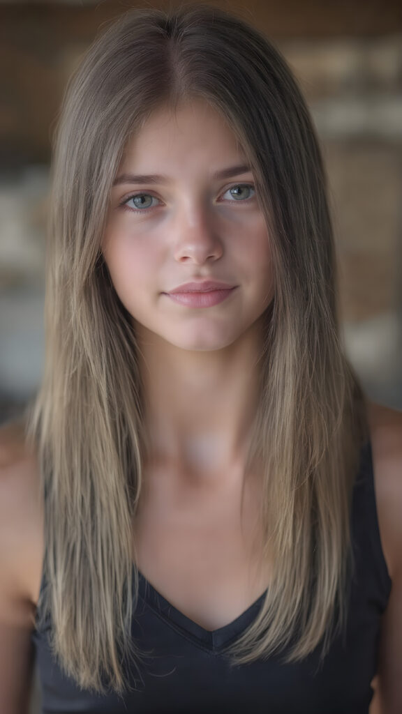 a (((hyper-realistic full body portrait))), captured in a (((very high resolution photograph))), a young girl, 13 years old, with luxuriously long, straight, thick, natural long straight soft hair and (perfectly natural amber eyes) wearing a sleek, tight, thin, V-neck dark sports tank top, flawless complexion. Her skin is exuding (beautifully drawn) on her face, with perfectly straight natural white teeth, smile