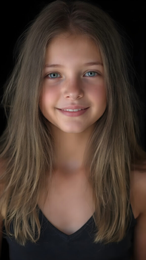 a (((hyper-realistic full body portrait))), captured in a (((very high resolution photograph))), a young girl, 13 years old, with luxuriously long, straight, thick, natural long straight soft hair and (perfectly natural amber eyes) wearing a sleek, tight, thin, V-neck dark sports tank top, flawless complexion. Her skin is exuding (beautifully drawn) on her face, with perfectly straight natural white teeth, smile, against a black backdrop, perfect light and shadows