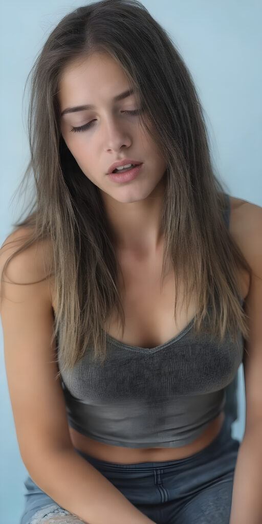 a (((hyper-realistic full angle upper body shot))), with intricate details and highly detailed textures, capturing a (((very beautiful young busty girl))) with ((silver skin)) and ((extremely long, sleek messy brown straight hair)), wearing a ((grey cropped tattered tank top, deep v-neck)) that stands out against a (light blue backdrop), her face poised in a ((natural pose, sitting)) with ((her lips open wide, closed eyes)) as if she is ((exuding confidence)) at a (professional studio photo shoot)