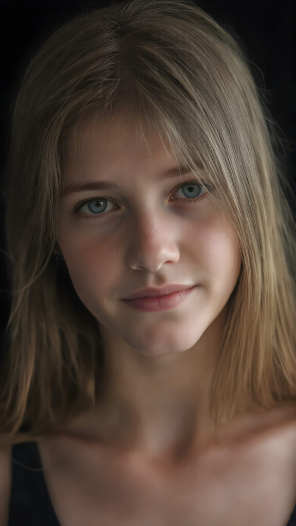 a (((hyper-realistic upper body portrait))), captured in a (((very high resolution photograph))), a young teenage girl, 13 years old, with luxuriously long, straight, thick, natural amber soft hair and (perfectly natural amber eyes) wearing a sleek, tight, thin, deep neck dark tank top, flawless complexion. Her skin is exuding (beautifully drawn) on her face, with perfectly straight natural white teeth, smile, against a black backdrop, perfect light and shadows