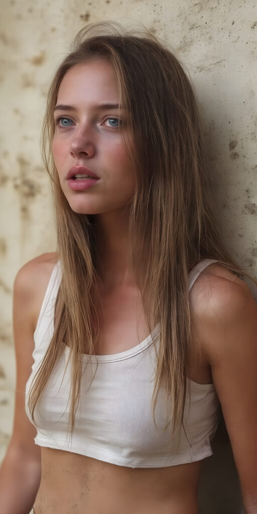 a (((hyper-realistic full angle body shot))), with intricate details and highly detailed textures, capturing a (((very beautiful dirty girl))) with ((dirty skin)) and ((extremely long, sleek straight red hair)), wearing a ((white cropped tattered tank top)) that stands out against a (very dirty backdrop), her face poised in a ((natural pose)) with ((her lips open wide)) as if she is ((exuding confidence)) at a (professional studio photo shoot)