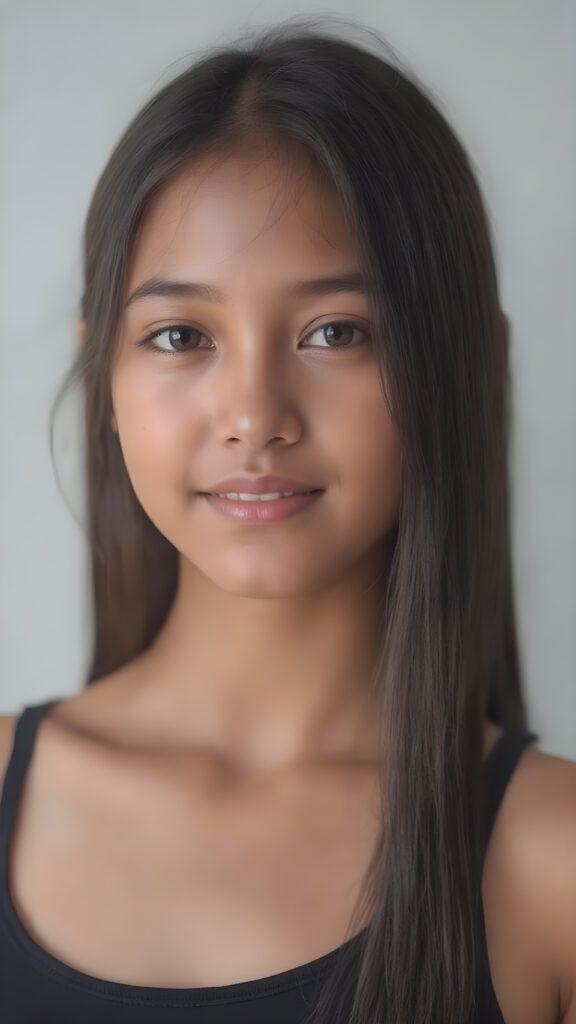 a (((hyper-realistic upper body portrait))), captured in a (((very high resolution photograph))), a young tanned Indonesian teenage girl, 13 years old, with luxuriously long, straight, thick, natural soft dark hair and (perfectly natural amber eyes) wearing a sleek, tight, thin, deep neck dark tank top, flawless complexion. Her skin is exuding (beautifully drawn) on her face, with perfectly straight natural white teeth, smile, against a light grey backdrop, perfect light and shadows