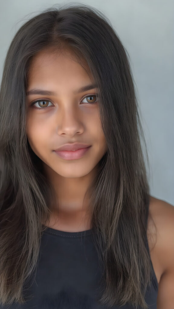 a (((hyper-realistic upper body portrait))), captured in a (((very high resolution photograph))), a young tanned Indonesian teenage girl, 13 years old, with luxuriously long, straight, thick, natural soft dark hair and (perfectly natural amber eyes) wearing a sleek, tight, thin, deep neck dark tank top, flawless complexion. Her skin is exuding (beautifully drawn) on her face, with perfectly straight natural white teeth, smile, against a light grey backdrop, perfect light and shadows