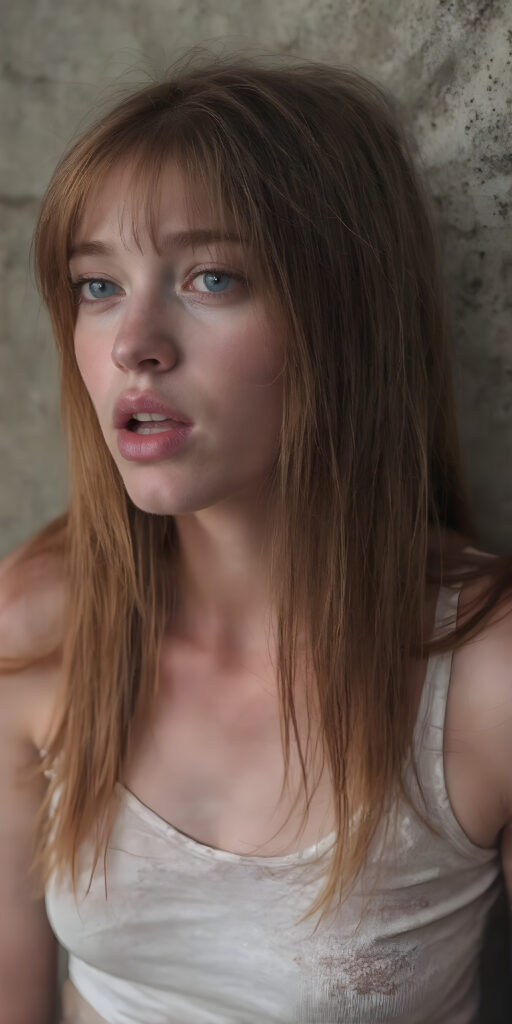 a (((hyper-realistic full angle body shot))), with intricate details and highly detailed textures, capturing a (((very beautiful dirty girl))) with ((dirty skin)) and ((extremely long, sleek straight red hair)), wearing a ((white cropped tattered tank top)) that stands out against a (very dirty backdrop), her face poised in a ((natural pose)) with ((her lips open wide)) as if she is ((exuding confidence)) at a (professional studio photo shoot)