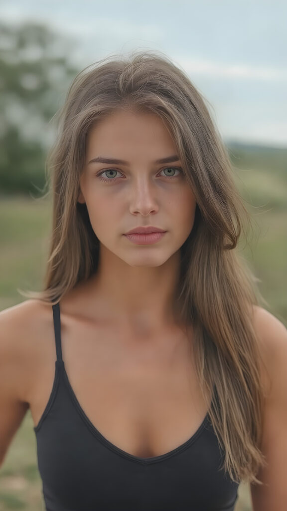 a (((hyper-realistic full body portrait))), captured in a (((very high resolution photograph))), highlighting the exquisite beauty of a (((skinny yet perfectly proportioned figure))) with luxuriously long, straight, thick, natural light brown hair and (perfectly natural amber eyes) wearing a sleek, tight, thin, V-neck dark sports bra, flawless complexion. Her skin is exuding (beautifully drawn) on her face, with perfectly straight natural white teeth that are clearly visible in a full body view. Backdrop is a perfectly serene natural landscape that perfectly complements this stunning teenage girl, who embodies the ultimate ideal of youthful beauty