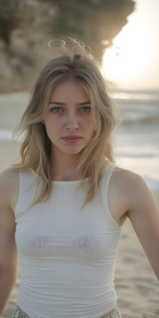 a (((hyper realistic full length moment))) capturing a (((beautiful girl with long, messy blonde hair and pale skin))), elegantly dressed in a ((white fitted top)), (balancing out to meet the camera's focus) while striking a (softly sad expression) that exudes happiness amidst a backdrop of a (serene, sandy beach) with a warm, inviting sun and gentle waves lapping at the shore, framed by the wide angle lens of a (landscape photograph) that gives a sense of immersive detail