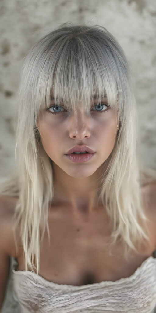 a (((hyper-realistic full angle body shot))), with intricate details and highly detailed textures, capturing a (((very beautiful young busty soiled girl))) with ((dirty skin)) and ((extremely long, sleek straight white hair)), wearing a ((white cropped tattered tank top)) that stands out against a (very dirty backdrop), her face poised in a ((natural pose)) with ((her lips open wide)) as if she is ((exuding confidence)) at a (professional studio photo shoot)