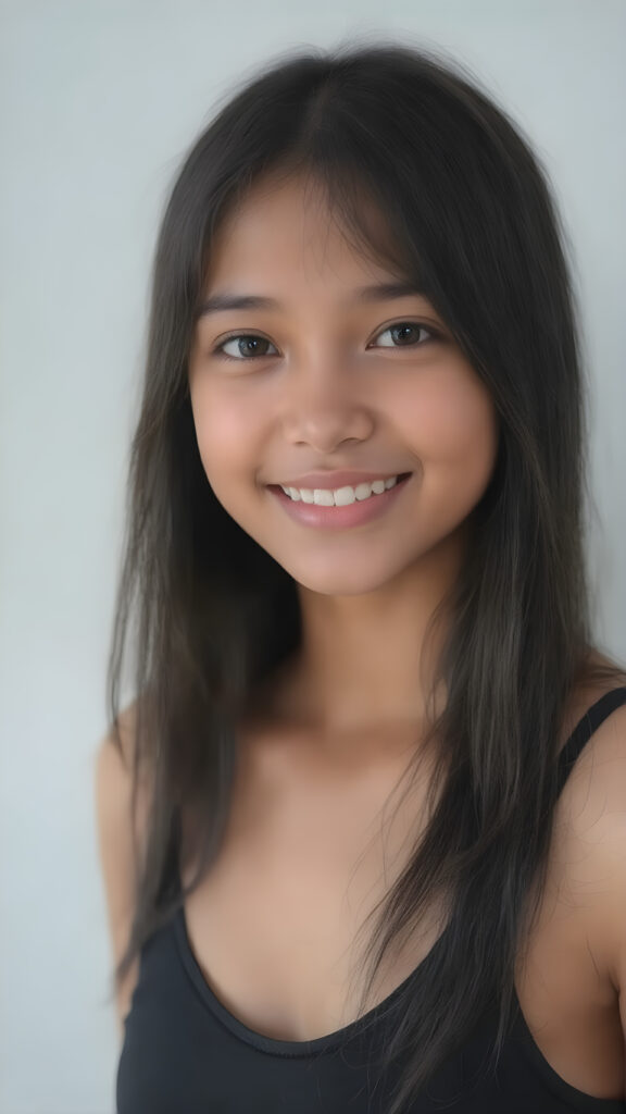 a (((hyper-realistic upper body portrait))), captured in a (((very high resolution photograph))), a young tanned Indonesian teenage girl, 13 years old, with luxuriously long, straight, thick, natural soft dark hair and (perfectly natural amber eyes) wearing a sleek, tight, thin, deep neck dark tank top, flawless complexion. Her skin is exuding (beautifully drawn) on her face, with perfectly straight natural white teeth, smile, against a light grey backdrop, perfect light and shadows