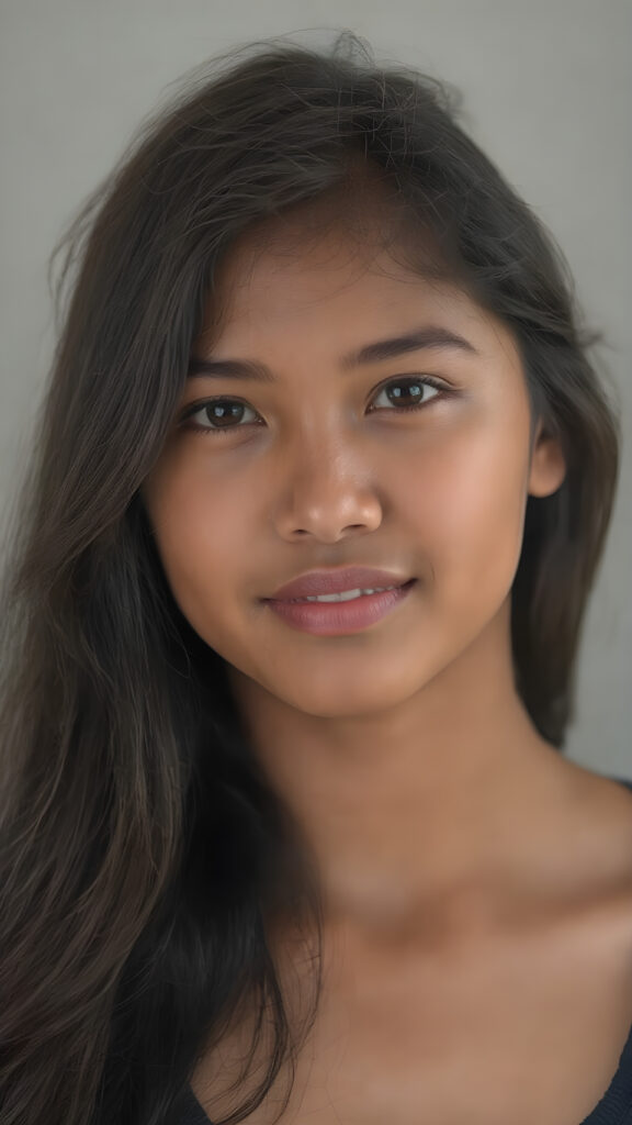 a (((hyper-realistic upper body portrait))), captured in a (((very high resolution photograph))), a young tanned Indonesian teenage girl, 13 years old, with luxuriously long, straight, thick, natural soft dark hair and (perfectly natural amber eyes) wearing a sleek, tight, thin, deep neck dark tank top, flawless complexion. Her skin is exuding (beautifully drawn) on her face, with perfectly straight natural white teeth, smile, against a light grey backdrop, perfect light and shadows