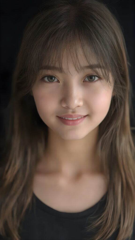 a (((hyper-realistic upper body portrait))), captured in a (((very high resolution photograph))), a young Japanese teenage girl, 13 years old, with luxuriously long, straight, thick, natural soft hair and (perfectly natural amber eyes) wearing a sleek, tight, thin, deep neck dark tank top, flawless complexion. Her skin is exuding (beautifully drawn) on her face, with perfectly straight natural white teeth, smile, against a black backdrop, perfect light and shadows