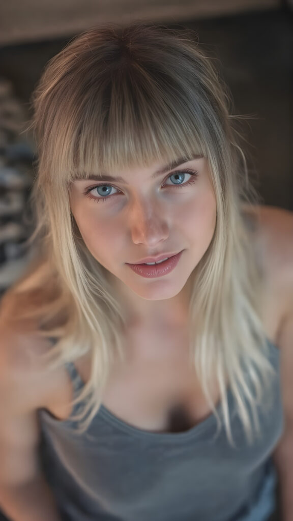 a (hyper-realistic, highly-detailed photo, with ((warm highlights)) and ((soft, natural looking lighting)), ((crisp details)), capturing a (((young busty teen girl))) with ((pale skin)) and ((adorable sparkling eyes)), long, straight white hair and bangs frame her round face, dressed in a ((grey tank top and deep v-neck, perfect curved body)), view from above, she is looking up with a seductive smile, no necklace, focus on her body