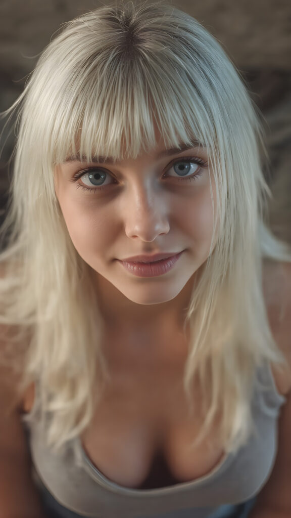 a (hyper-realistic, highly-detailed photo, with ((warm highlights)) and ((soft, natural looking lighting)), ((crisp details)), capturing a (((young busty teen girl))) with ((pale skin)) and ((adorable sparkling eyes)), long, straight white hair and bangs frame her round face, dressed in a ((grey tank top and deep v-neck, perfect curved body)), view from above, she is looking up with a seductive smile, no necklace, focus on her body