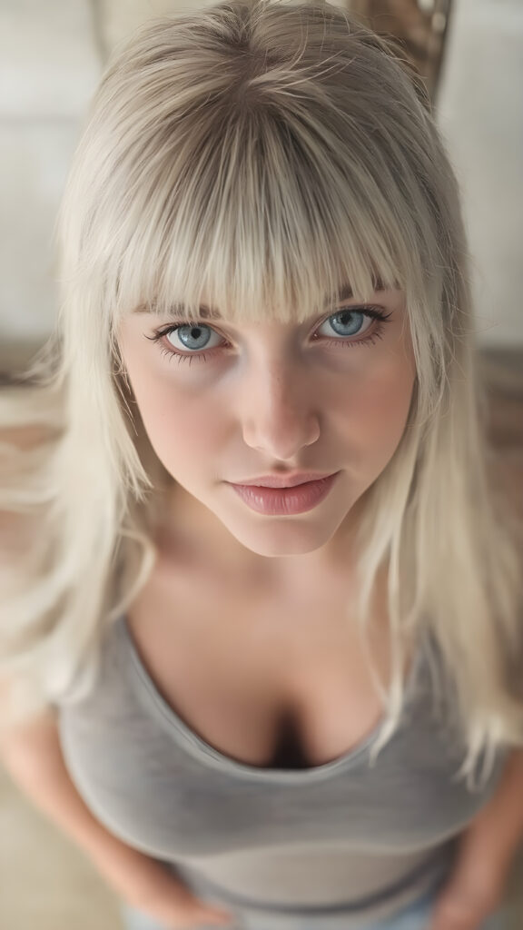 a (hyper-realistic, highly-detailed photo, with ((warm highlights)) and ((soft, natural looking lighting)), ((crisp details)), capturing a (((young busty teen girl))) with ((pale skin)) and ((adorable sparkling eyes)), long, straight white hair and bangs frame her round face, dressed in a ((grey tank top and deep v-neck, perfect curved body)), view from above, she is looking up with a seductive smile, no necklace, focus on her body