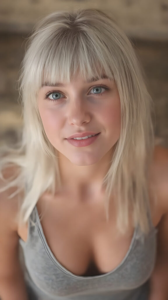 a (hyper-realistic, highly-detailed photo, with ((warm highlights)) and ((soft, natural looking lighting)), ((crisp details)), capturing a (((young busty teen girl))) with ((pale skin)) and ((adorable sparkling eyes)), long, straight white hair and bangs frame her round face, dressed in a ((grey tank top and deep v-neck, perfect curved body)), view from above, she is looking up with a seductive smile, no necklace, focus on her body