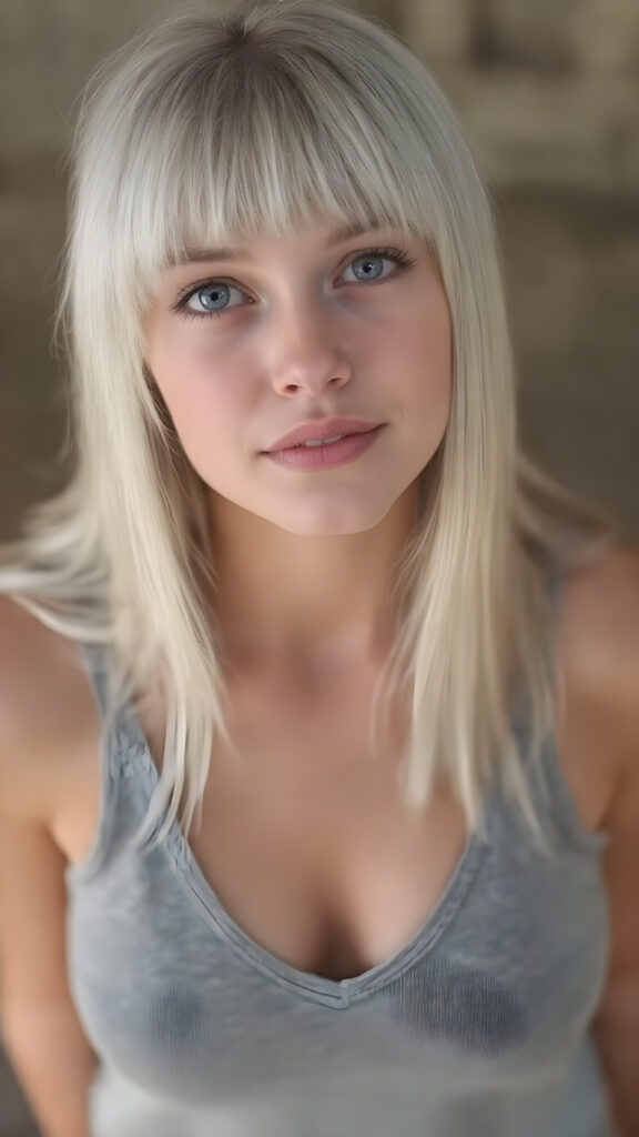 a (hyper-realistic, highly-detailed photo, with ((warm highlights)) and ((soft, natural looking lighting)), ((crisp details)), capturing a (((young busty teen girl))) with ((pale skin)) and ((adorable sparkling eyes)), long, straight white hair and bangs frame her round face, dressed in a ((grey tank top and deep v-neck, perfect curved body)), view from above, she is looking up with a seductive smile, no necklace, focus on her body