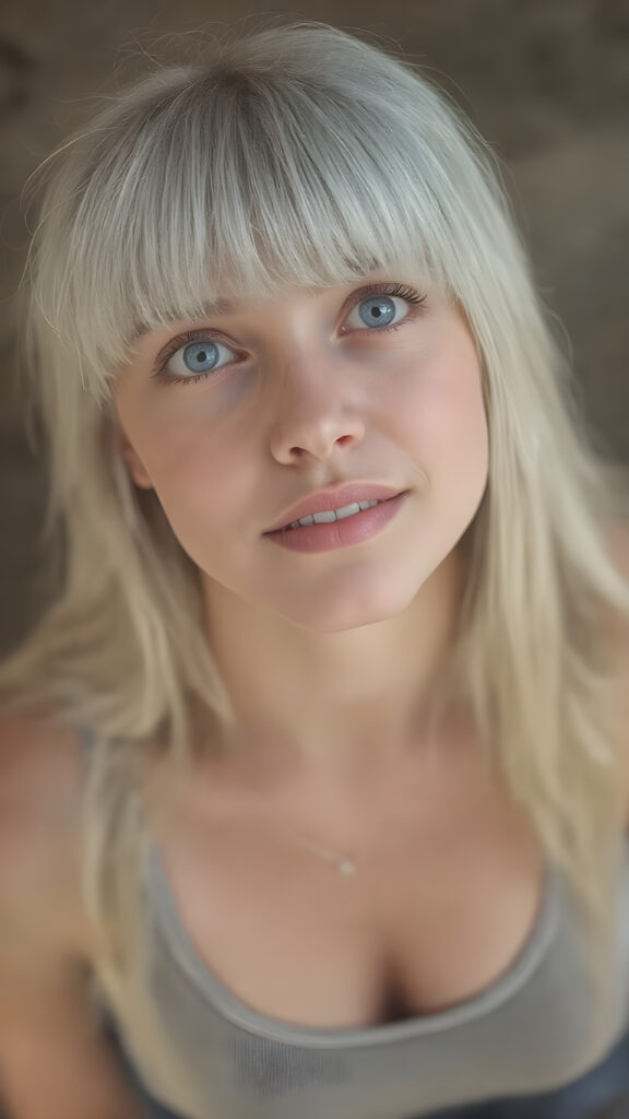 a (hyper-realistic, highly-detailed photo, with ((warm highlights)) and ((soft, natural looking lighting)), ((crisp details)), capturing a (((young busty teen girl))) with ((pale skin)) and ((adorable sparkling eyes)), long, straight white hair and bangs frame her round face, dressed in a ((grey tank top and deep v-neck, perfect curved body)), view from above, she is looking up with a seductive smile, no necklace, focus on her body