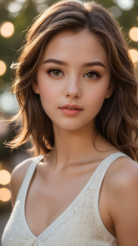 a hyper-realistic and intricately detailed portrait of an enchanting teenage girl, featuring cascading, silky light brown hair that frames her face elegantly. Her captivating brown eyes glisten with warmth, complemented by full, kissable lips that hint at a gentle smile. The light amber tones in her irises radiate brilliance as her face is softly illuminated by a golden sunset glow. She wears a delicate, low-cut white tank top crafted from fine, ethereal wool, perfectly accentuating her graceful curves and fit physique. The background is a dreamy blend of pastel colors, merging with soft bokeh lights to create an enchanting atmosphere.