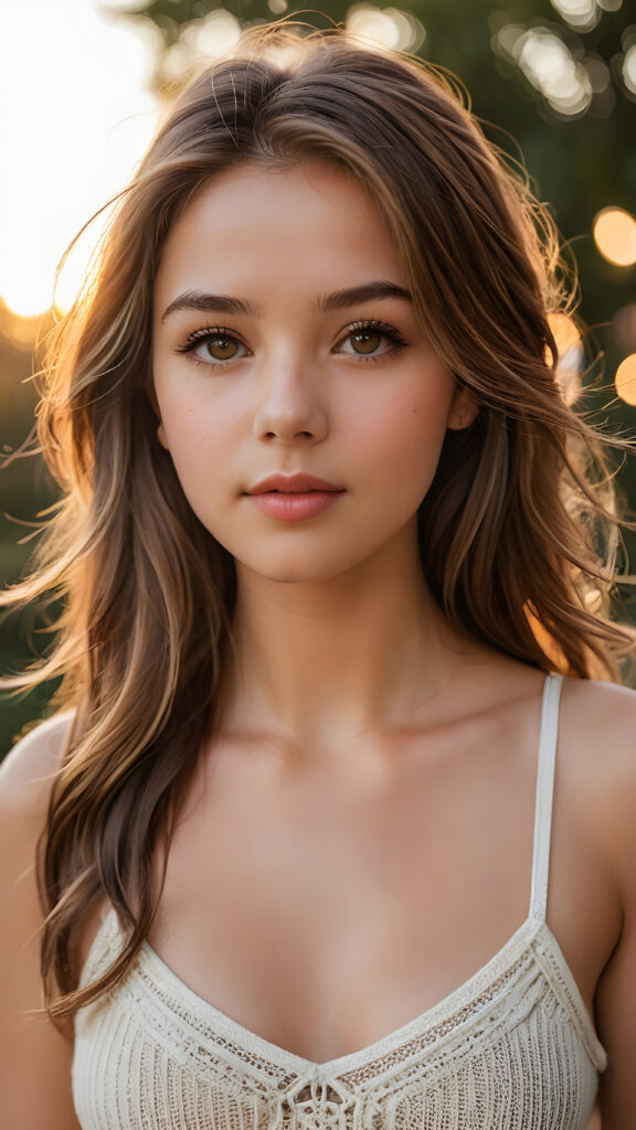 a hyper-realistic and intricately detailed portrait of an enchanting teenage girl, featuring cascading, silky light brown hair that frames her face elegantly. Her captivating brown eyes glisten with warmth, complemented by full, kissable lips that hint at a gentle smile. The light amber tones in her irises radiate brilliance as her face is softly illuminated by a golden sunset glow. She wears a delicate, low-cut white tank top crafted from fine, ethereal wool, perfectly accentuating her graceful curves and fit physique. The background is a dreamy blend of pastel colors, merging with soft bokeh lights to create an enchanting atmosphere.