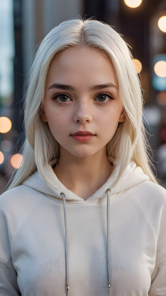 a hyper-realistic, highly detailed, vivid portrait of a young girl, long straight soft white hair, white thin hoodie, round detailed face, full lips