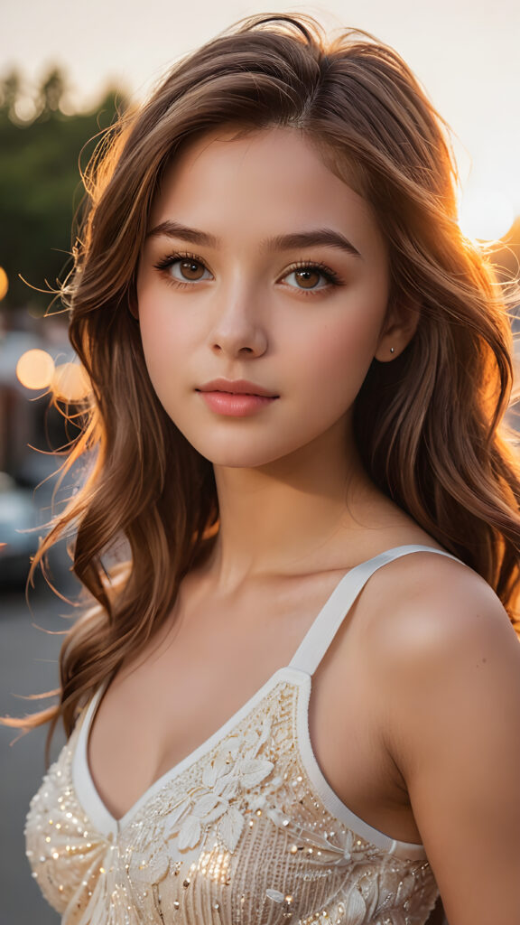 a hyper-realistic and intricately detailed portrait of an enchanting teenage girl, featuring cascading, silky light brown hair that frames her face elegantly. Her captivating brown eyes glisten with warmth, complemented by full, kissable lips that hint at a gentle smile. The light amber tones in her irises radiate brilliance as her face is softly illuminated by a golden sunset glow. She wears a delicate, low-cut white tank top crafted from fine, ethereal wool, perfectly accentuating her graceful curves and fit physique. The background is a dreamy blend of pastel colors, merging with soft bokeh lights to create an enchanting atmosphere.