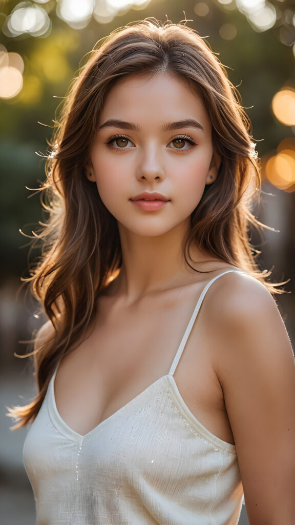 a hyper-realistic and intricately detailed portrait of an enchanting teenage girl, featuring cascading, silky light brown hair that frames her face elegantly. Her captivating brown eyes glisten with warmth, complemented by full, kissable lips that hint at a gentle smile. The light amber tones in her irises radiate brilliance as her face is softly illuminated by a golden sunset glow. She wears a delicate, low-cut white tank top crafted from fine, ethereal wool, perfectly accentuating her graceful curves and fit physique. The background is a dreamy blend of pastel colors, merging with soft bokeh lights to create an enchanting atmosphere.