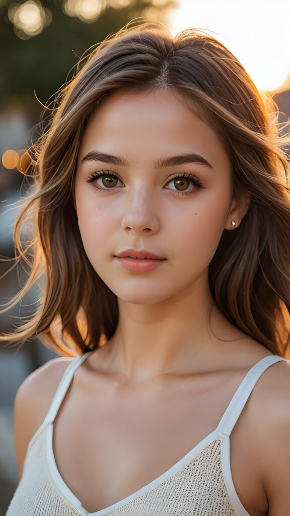 a hyper-realistic and intricately detailed portrait of an enchanting teenage girl, featuring cascading, silky light brown hair that frames her face elegantly. Her captivating brown eyes glisten with warmth, complemented by full, kissable lips that hint at a gentle smile. The light amber tones in her irises radiate brilliance as her face is softly illuminated by a golden sunset glow. She wears a delicate, low-cut white tank top crafted from fine, ethereal wool, perfectly accentuating her graceful curves and fit physique. The background is a dreamy blend of pastel colors, merging with soft bokeh lights to create an enchanting atmosphere.