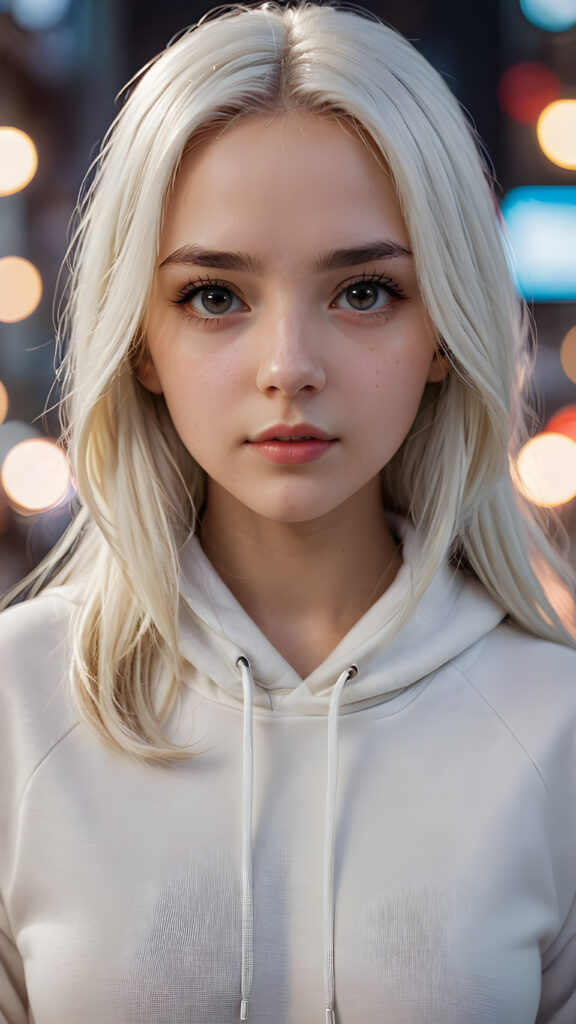 a hyper-realistic, highly detailed, vivid portrait of a young girl, long straight soft white hair, white thin hoodie, round detailed face, full lips