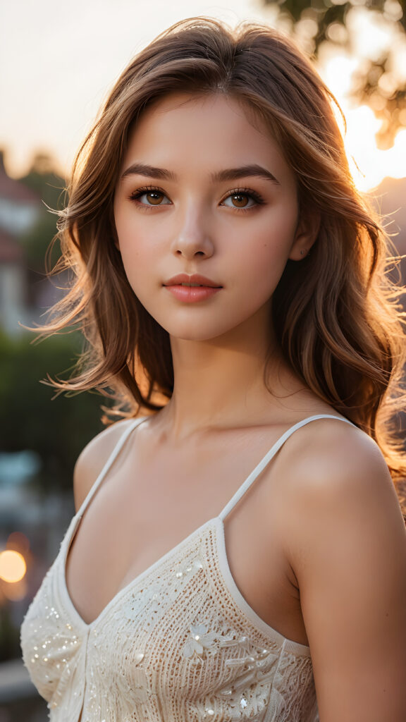 a hyper-realistic and intricately detailed portrait of an enchanting teenage girl, featuring cascading, silky light brown hair that frames her face elegantly. Her captivating brown eyes glisten with warmth, complemented by full, kissable lips that hint at a gentle smile. The light amber tones in her irises radiate brilliance as her face is softly illuminated by a golden sunset glow. She wears a delicate, low-cut white tank top crafted from fine, ethereal wool, perfectly accentuating her graceful curves and fit physique. The background is a dreamy blend of pastel colors, merging with soft bokeh lights to create an enchanting atmosphere.