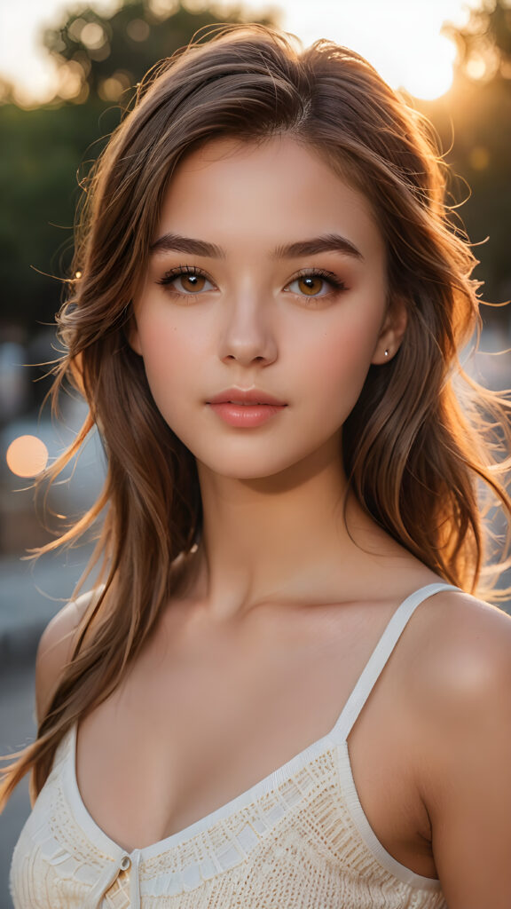 a hyper-realistic and intricately detailed portrait of an enchanting teenage girl, featuring cascading, silky light brown hair that frames her face elegantly. Her captivating brown eyes glisten with warmth, complemented by full, kissable lips that hint at a gentle smile. The light amber tones in her irises radiate brilliance as her face is softly illuminated by a golden sunset glow. She wears a delicate, low-cut white tank top crafted from fine, ethereal wool, perfectly accentuating her graceful curves and fit physique. The background is a dreamy blend of pastel colors, merging with soft bokeh lights to create an enchanting atmosphere.