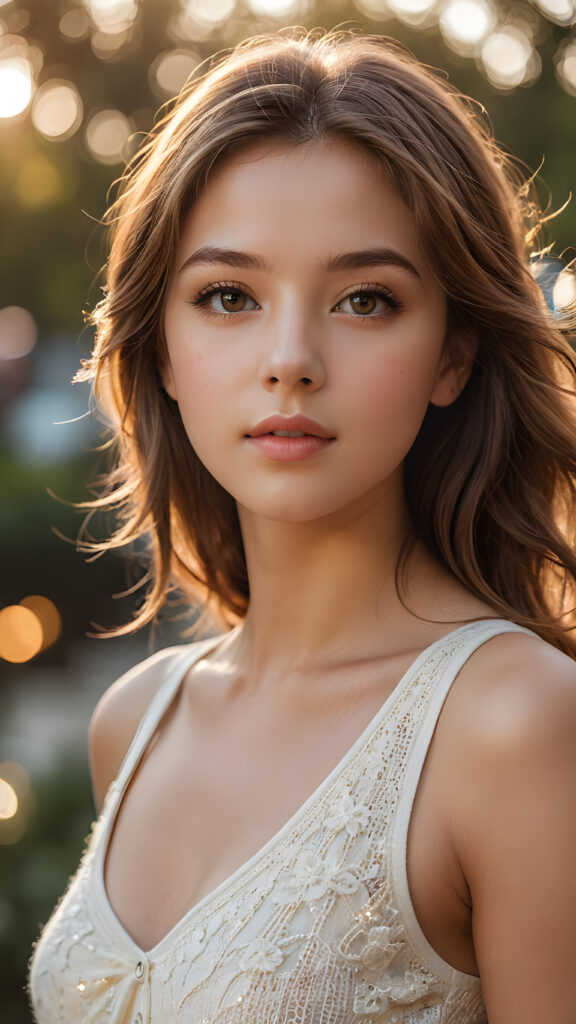 a hyper-realistic and intricately detailed portrait of an enchanting teenage girl, featuring cascading, silky light brown hair that frames her face elegantly. Her captivating brown eyes glisten with warmth, complemented by full, kissable lips that hint at a gentle smile. The light amber tones in her irises radiate brilliance as her face is softly illuminated by a golden sunset glow. She wears a delicate, low-cut white tank top crafted from fine, ethereal wool, perfectly accentuating her graceful curves and fit physique. The background is a dreamy blend of pastel colors, merging with soft bokeh lights to create an enchanting atmosphere.