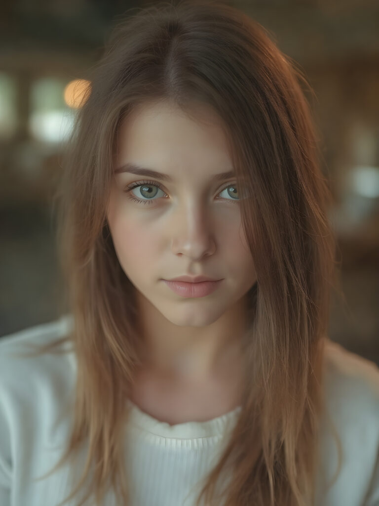 a hyper-realistic, highly-detailed, vivid (((three-quarter turned view portrait))), with ((warm highlights)) ((soft light)) with ((dynamic cool-toned natural lighting)) of a (beautiful, stunning, ((fit body)), ((upper body)), with ((detailed round face)), ((gorgeous and stunning young teenage girl)), ((natural looking eyes)), ((natural looking skin)), ((soft straight hair)),((looking at the camera))