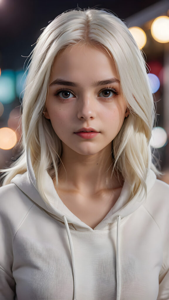 a hyper-realistic, highly detailed, vivid portrait of a young girl, long straight soft white hair, white thin hoodie, round detailed face, full lips