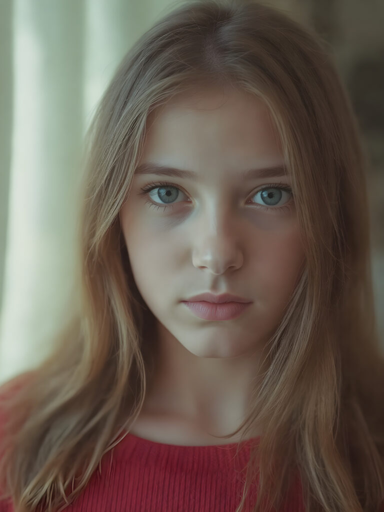 a hyper-realistic, highly-detailed, vivid (((three-quarter turned view portrait))), with ((warm highlights)) ((soft light)) with ((dynamic cool-toned natural lighting)) of a (beautiful, stunning, ((fit body)), ((upper body)), with ((detailed round face)), ((gorgeous and stunning young teenage girl)), ((natural looking eyes)), ((natural looking skin)), ((soft straight hair)),((looking at the camera))