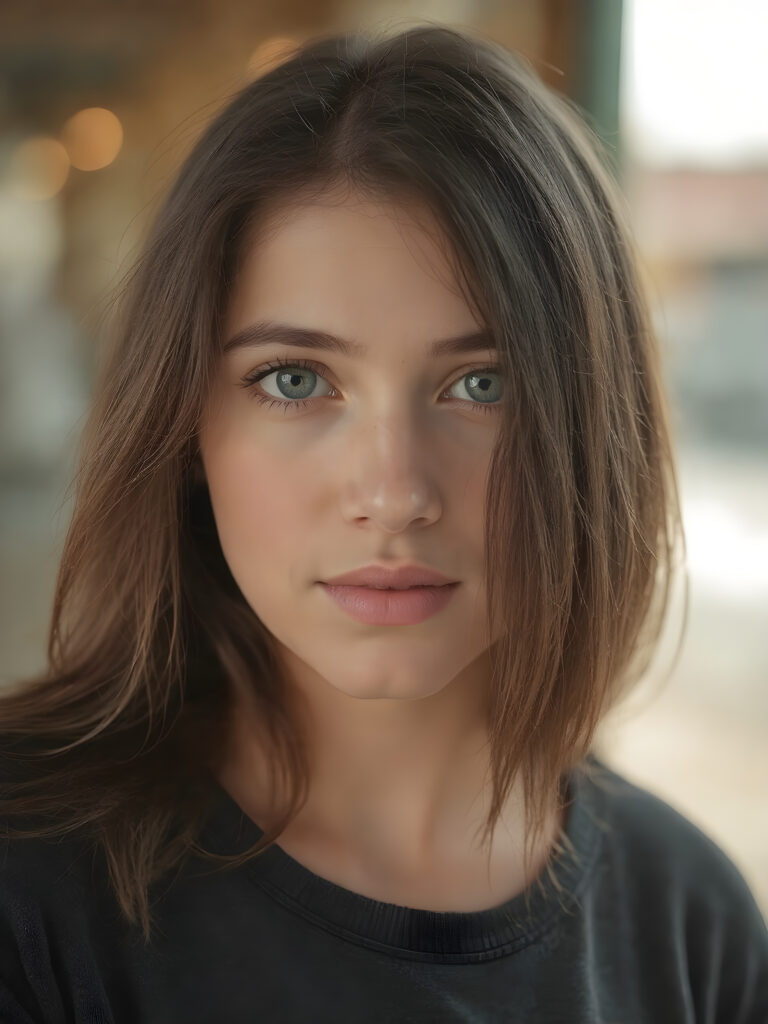 a hyper-realistic, highly-detailed, vivid (((three-quarter turned view portrait))), with ((warm highlights)) ((soft light)) with ((dynamic cool-toned natural lighting)) of a (beautiful, stunning, ((fit body)), ((upper body)), with ((detailed round face)), ((gorgeous and stunning young teenage girl)), ((natural looking eyes)), ((natural looking skin)), ((soft straight hair)),((looking at the camera))