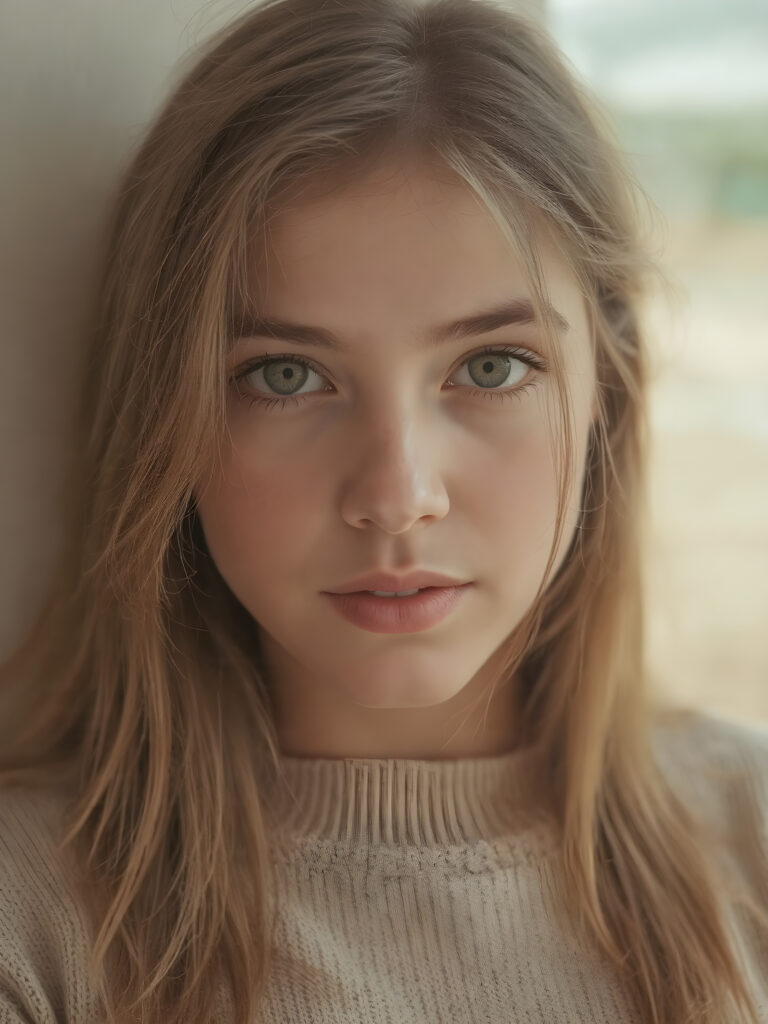 a hyper-realistic, highly-detailed, vivid (((three-quarter turned view portrait))), with ((warm highlights)) ((soft light)) with ((dynamic cool-toned natural lighting)) of a (beautiful, stunning, ((fit body)), ((upper body)), with ((detailed round face)), ((gorgeous and stunning young teenage girl)), ((natural looking eyes)), ((natural looking skin)), ((soft straight hair)),((looking at the camera))