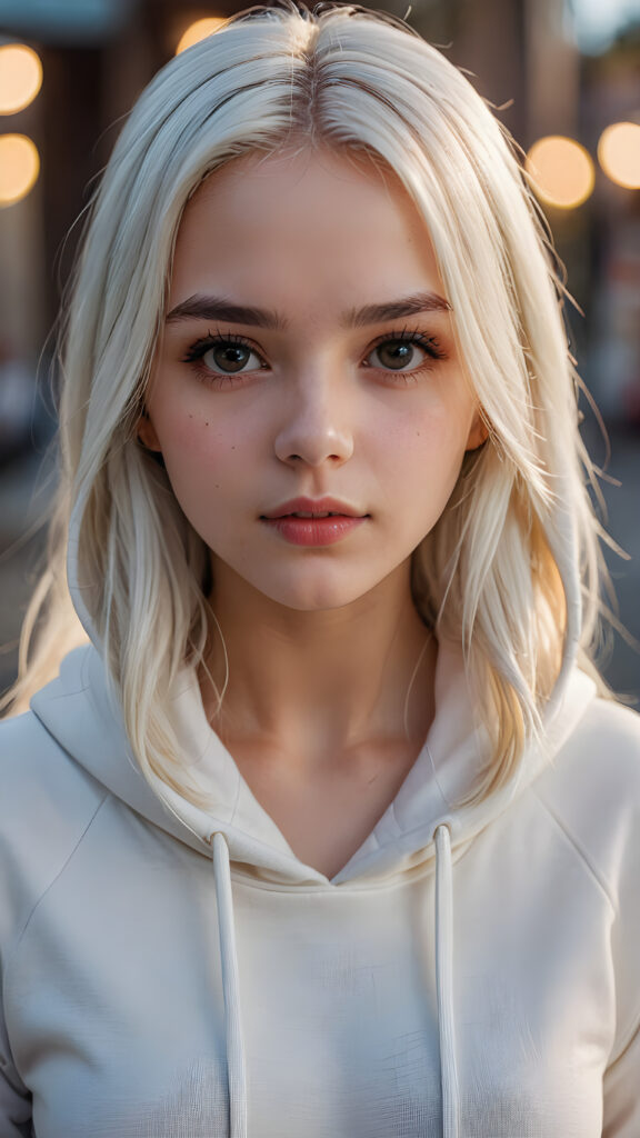 a hyper-realistic, highly detailed, vivid portrait of a young girl, long straight soft white hair, white thin hoodie, round detailed face, full lips