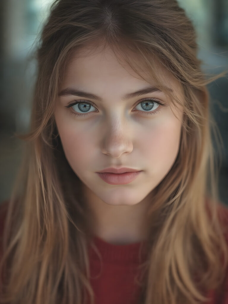 a hyper-realistic, highly-detailed, vivid (((three-quarter turned view portrait))), with ((warm highlights)) ((soft light)) with ((dynamic cool-toned natural lighting)) of a (beautiful, stunning, ((fit body)), ((upper body)), with ((detailed round face)), ((gorgeous and stunning young teenage girl)), ((natural looking eyes)), ((natural looking skin)), ((soft straight hair)),((looking at the camera))