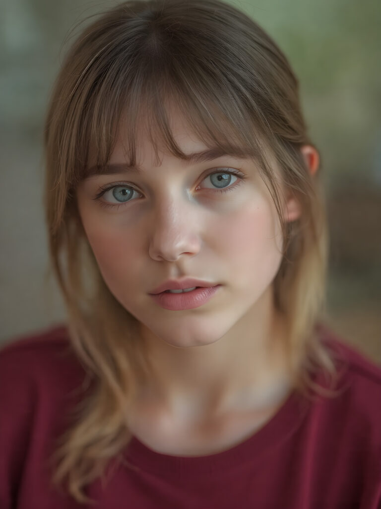 a hyper-realistic, highly-detailed, vivid (((three-quarter turned view portrait))), with ((warm highlights)) ((soft light)) with ((dynamic cool-toned natural lighting)) of a (beautiful, stunning, ((fit body)), ((upper body)), with ((detailed round face)), ((gorgeous and stunning young teenage girl)), ((natural looking eyes)), ((natural looking skin)), ((soft straight hair)),((looking at the camera))