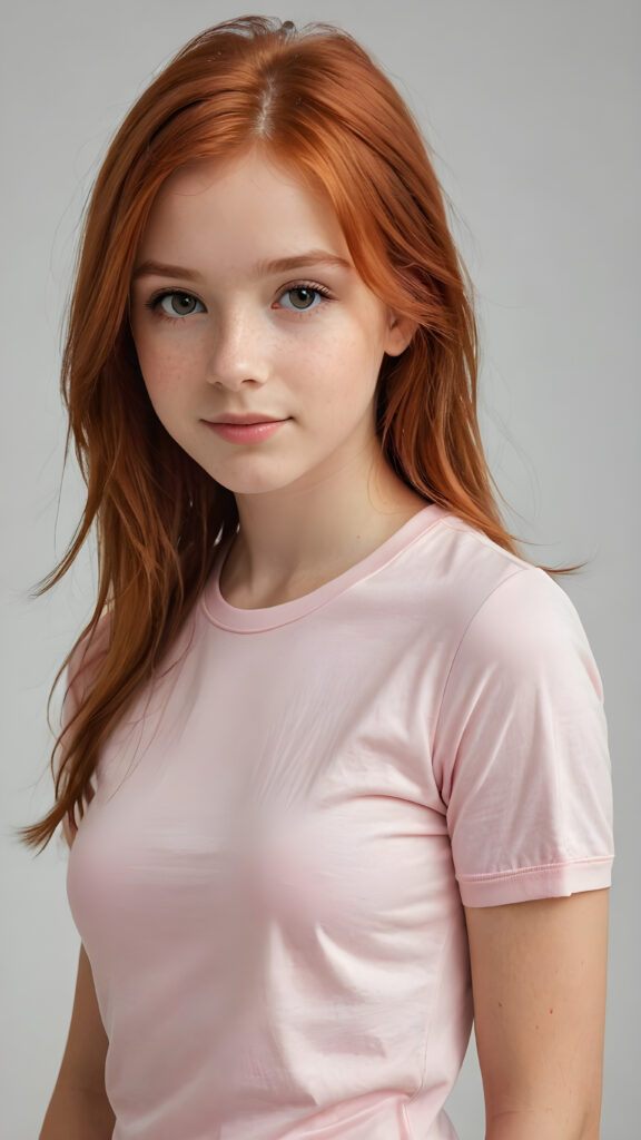 a innocent ((cute little red-haired teen girl)), straight hair, wears a light pink thin form-fitting t-shirt